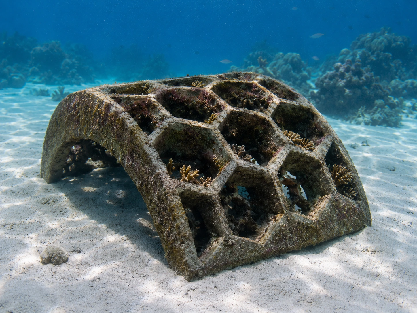 The Enchanted Reef, a honeycomb-dome memorial reef on the sandy seafloor, its lattice colonized by coral.